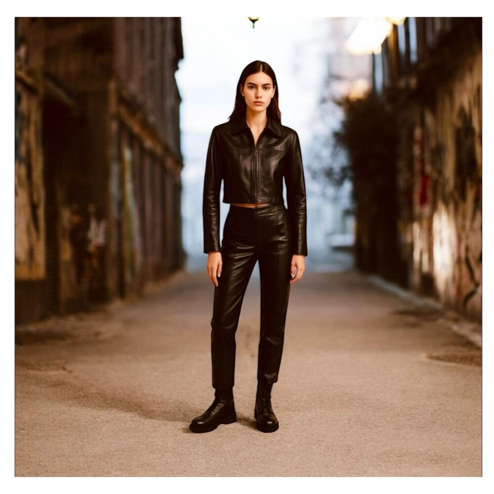 PleinAir Slim Straight Flat Front Genuine Leather Pants in Espresso Brown 0